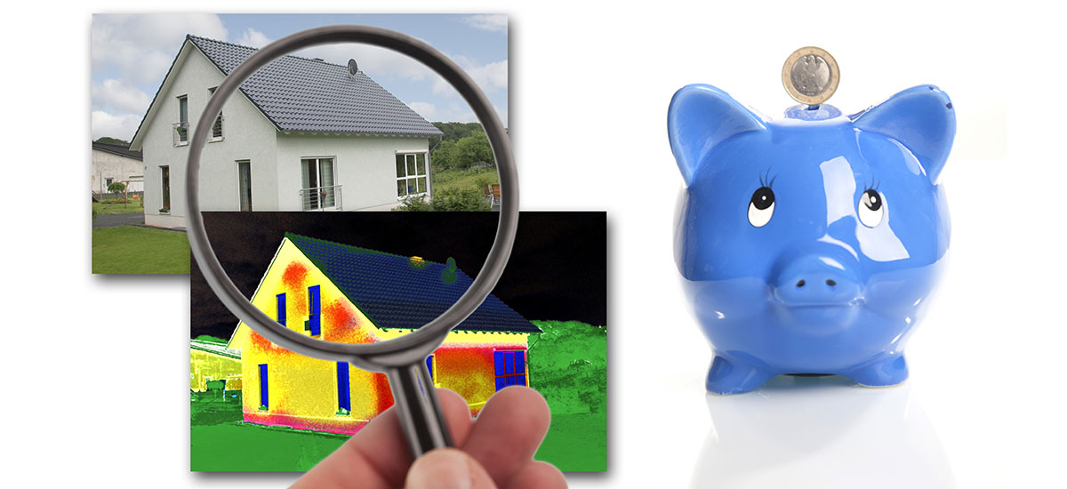 Symbolbild: Wärmedämmung und energetische Sanierung; blaues Sparschwein und Haus im Thermografiebild