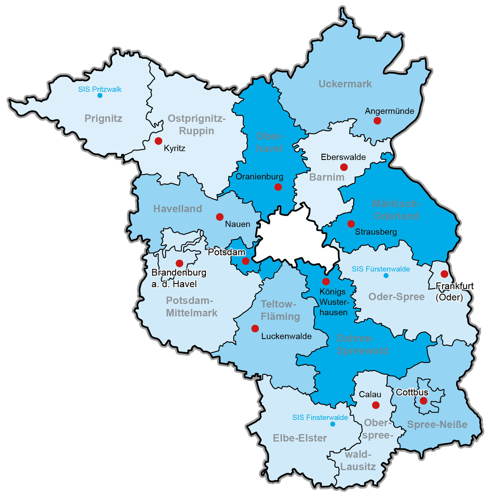 Karte der Finanzämter im Land Brandenburg