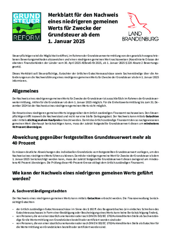 Bild vergrößern (Bild: Merkblatt für den Nachweis eines niedrigeren gemeinen Werts für Zwecke der Grundsteuer ab dem 1. Januar 2025)